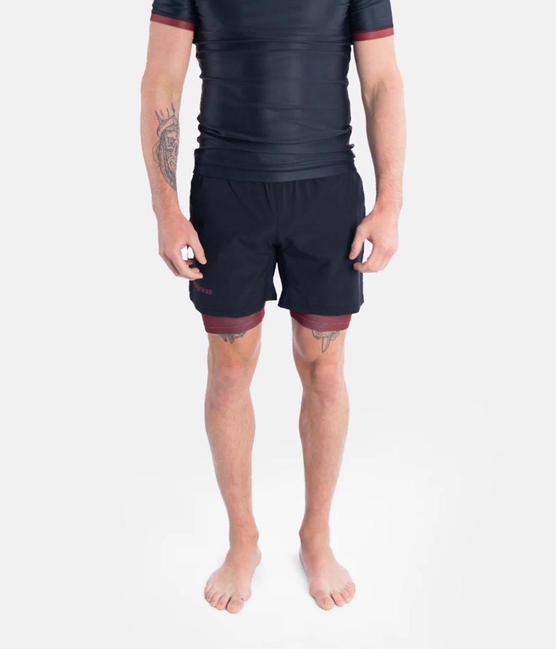 PROGRESS Hybrid academy grappling shorts - black/maroon