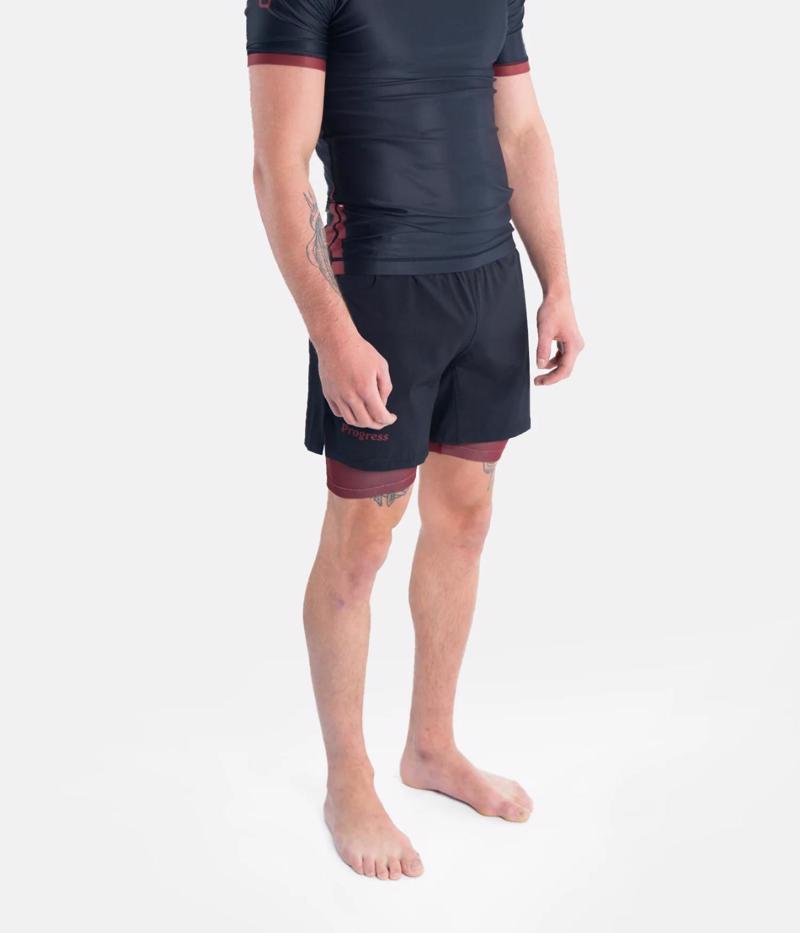 PROGRESS Hybrid academy grappling shorts - black/maroon